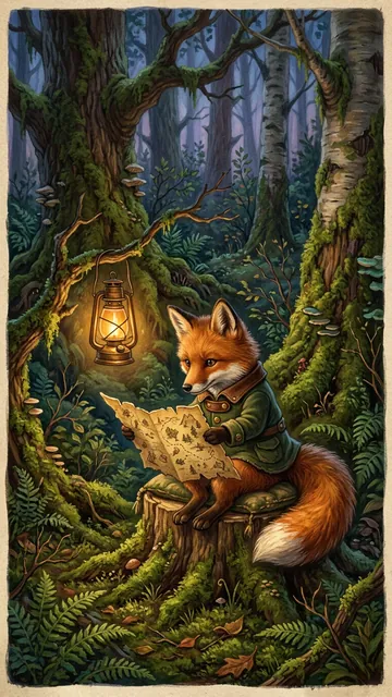 Storybook illustration of a fox in a green coat reading a map by lantern light