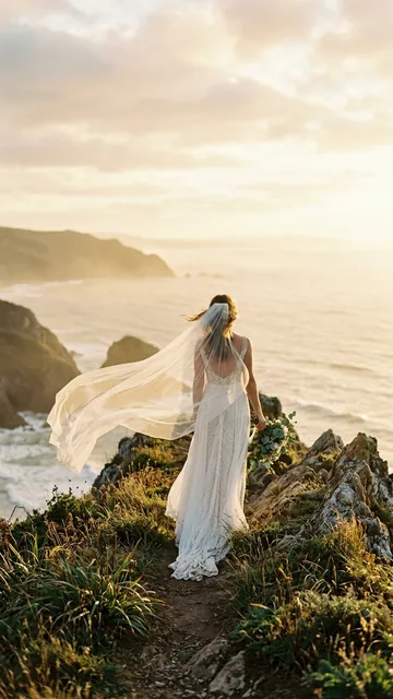 Bride with a long veil billowing on a coastal cliff at golden hour